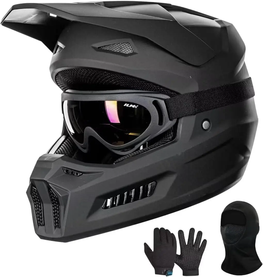 

Youth Dirt Bike Helmet with Goggles Gloves Mask for Kids ATV Motorcross BMX Off Road DOT Certified Matte Black Large