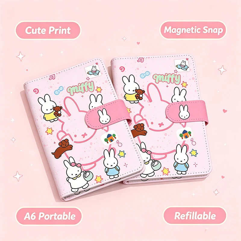 Блокнот Miffy Kawaii с розовым мультяшным принтом, формат A6, из искусственной кожи, со съемными сменными блоками, на магнитной застежке, для записей и планирования.