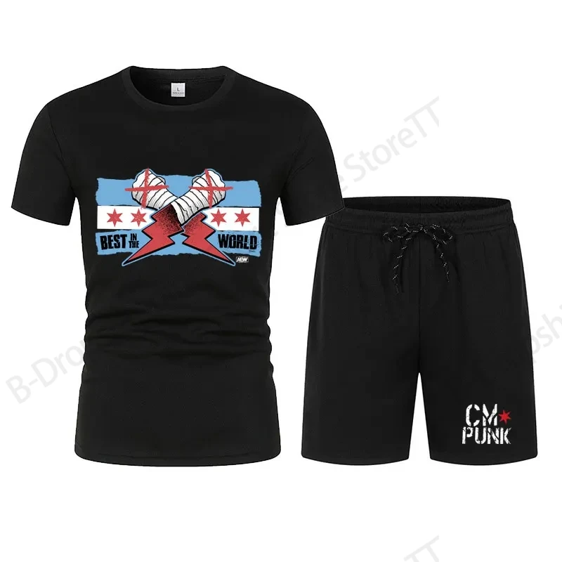 

Мужской летний наряд, комплект из 2 предметов, Wrestler CM, футболка с короткими рукавами и принтом в стиле панк + короткие комплекты из 2 предметов, повседневный спортивный костюм для фитнеса, спортивный костюм
