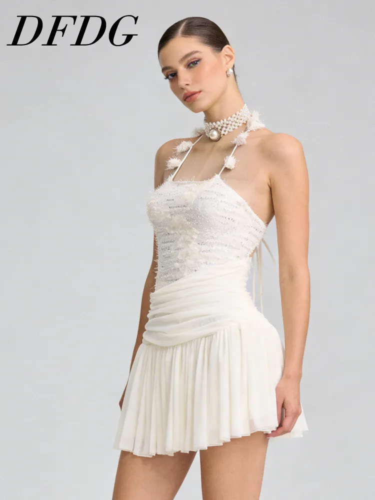 

Женское мини-платье DFDG с кружевом и рюшами на весну-лето, элегантное, для вечеринок, модный женственный наряд 2026 года