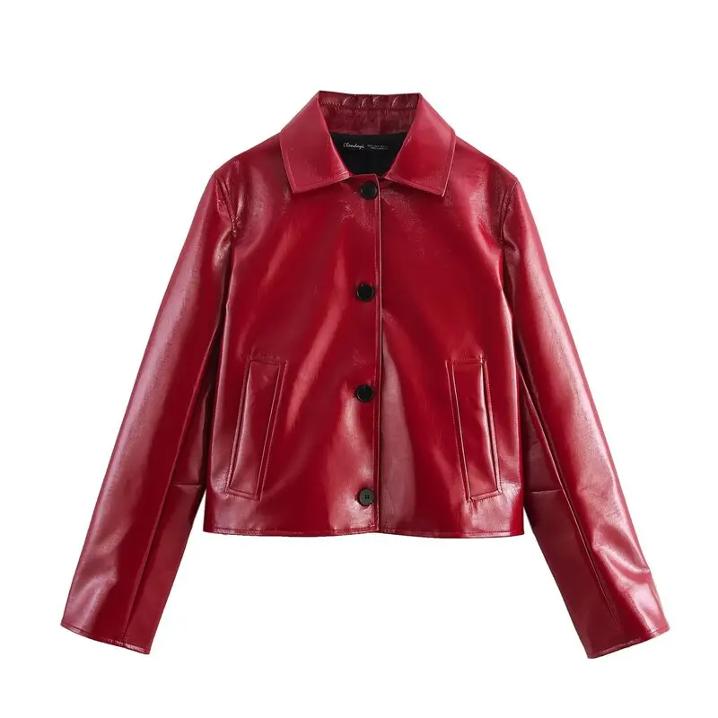 Lente 2025, Dames Faion Leather Lange Sve-kraag Jaet-jas Veelzijdige woon-werkkleding Ele Sle Loose Fit Regula...
