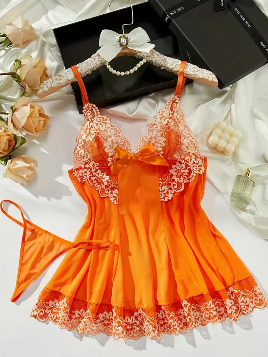 Contrast Lace Lingerie Set, Deep V Backless Bow Slip Dress & Thong, Women's Sexy Lingerie & Underwear for Koningsdag/King's Day