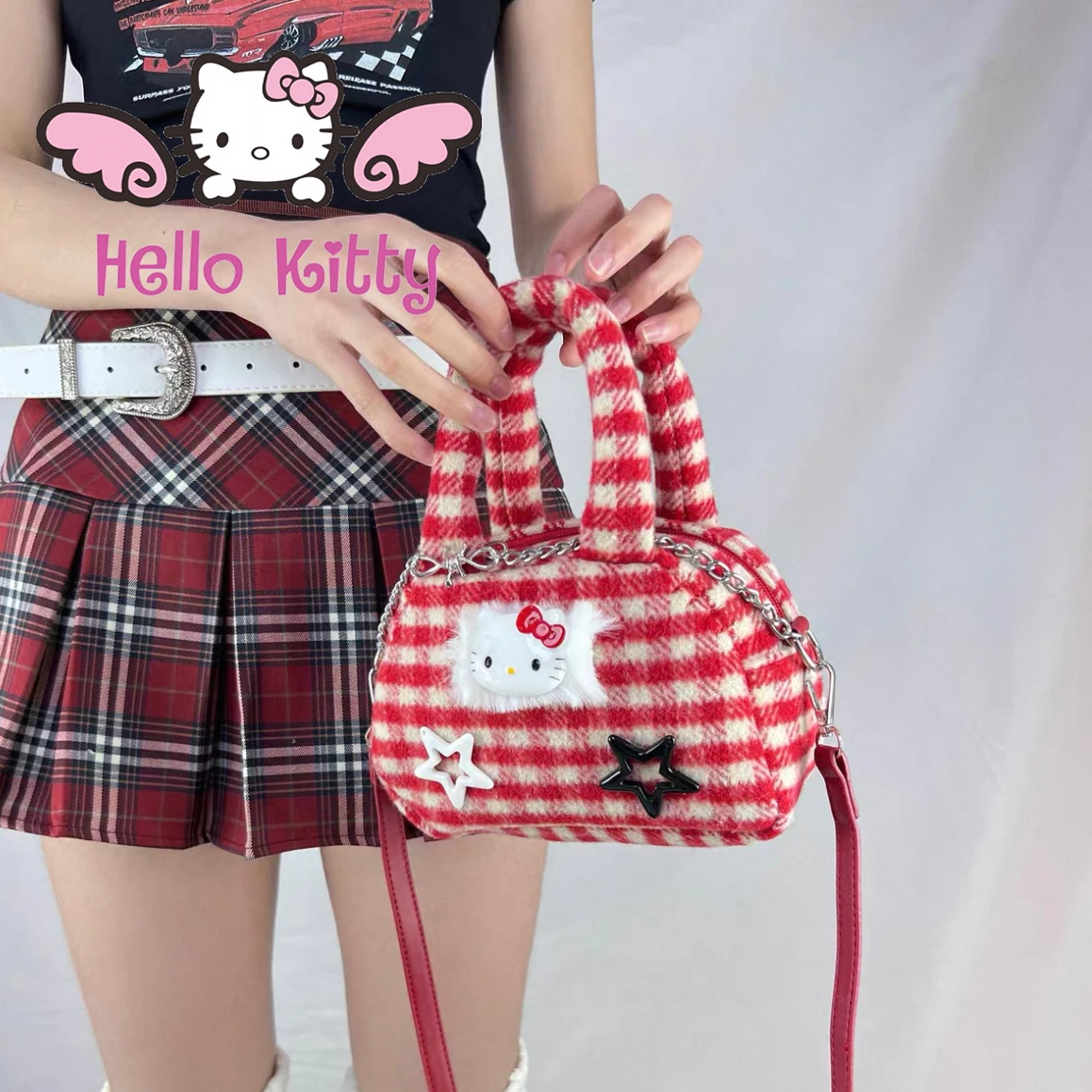 

Miniso Kawaii Sanrio Hello Kitty винтажная клетчатая сумка модная милая аниме милая красная сумка через плечо сумки высокого качества подарок hottie