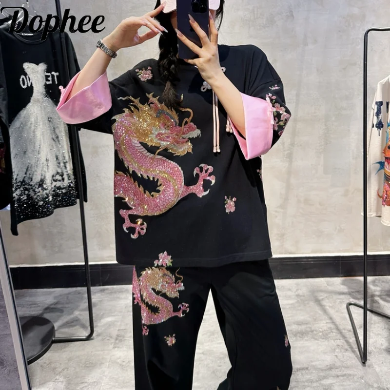 Luxury Chinese Wind Dragon Hot Drilling Frog Loose 3/4 Sleeve Loose T-shirt Pullover Top + Casual Wide Leg Straight Pants Suits