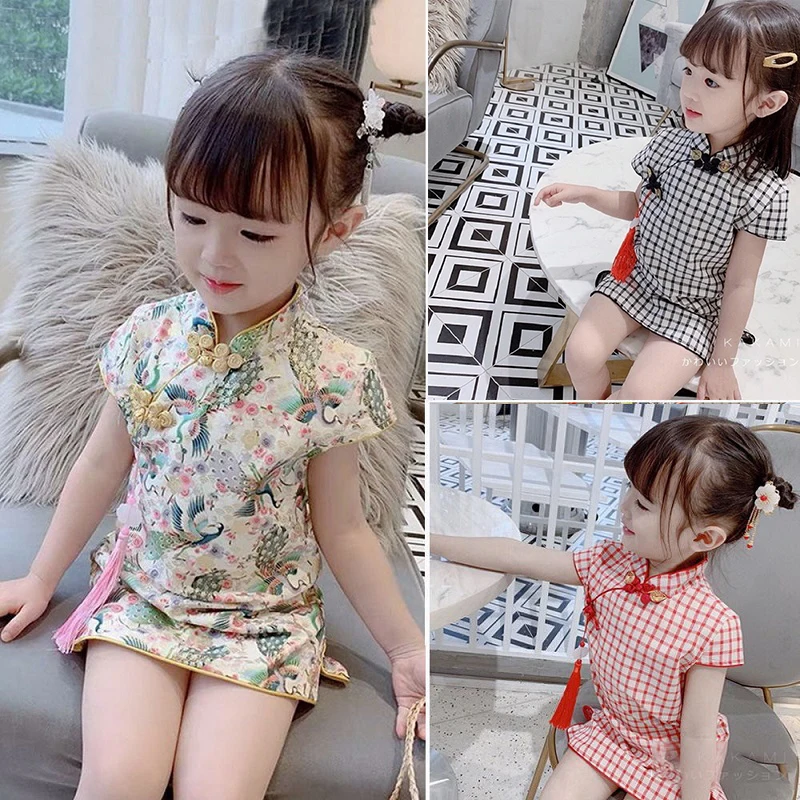 Girls' Short Cheongsam Dress, New Summer Style, Slim-Fit Cheongsam Dress for Children, Little Girl Princess Dress, Chinese Style Retro Dress