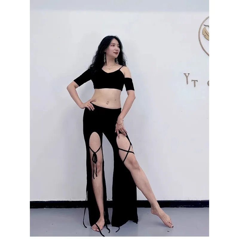 أزياء راقصة شرقية مخصصة ملابس ممارسة ملابس الرقص الشرقي ملابس الرقص الشرقي السوداء مجموعة سراويل حزام ملابس الرقص الغريبة