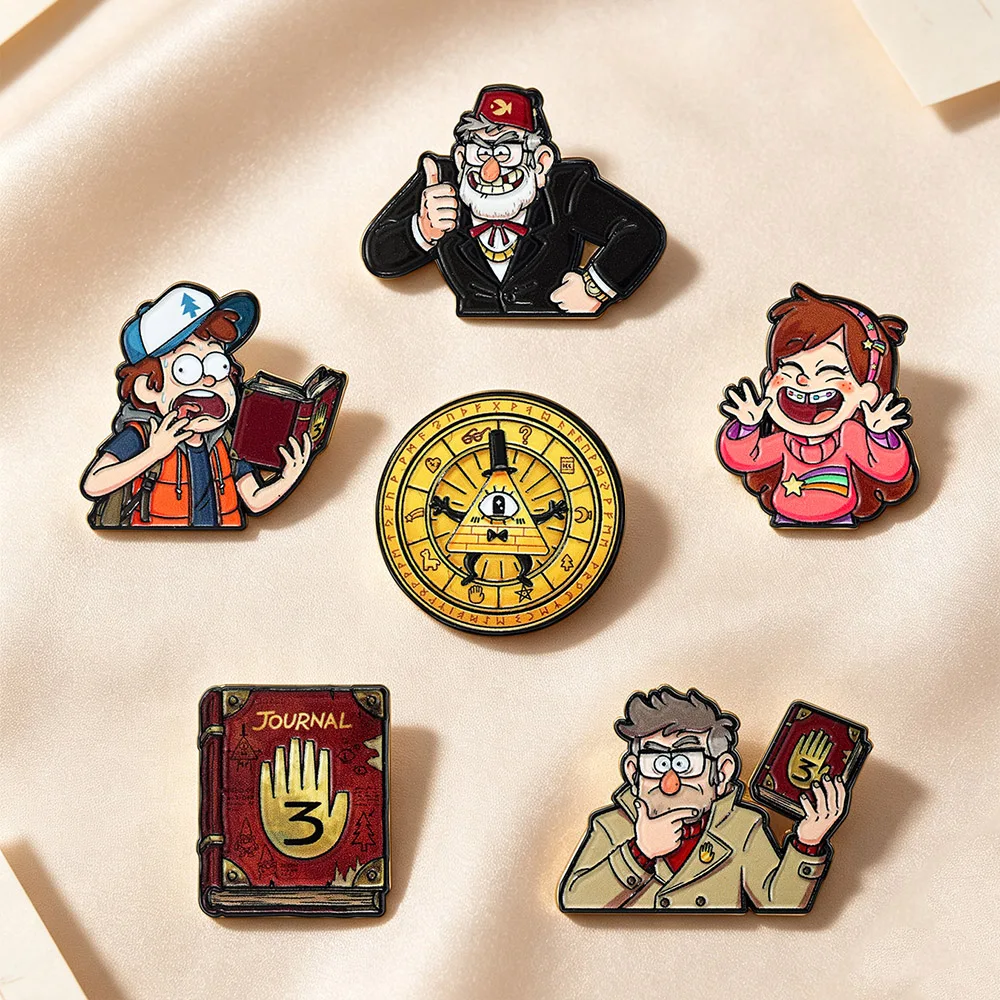 6Pcs Gravity Falls Cartoon Enamel Brooch Pins Set, Dipper Mabel Bill Cipher Lapel Badges, Metal Pins for Backpack Decoration
