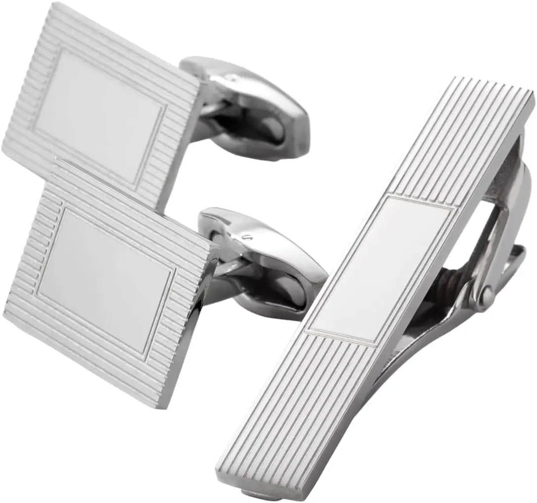 Engraved Stainless Steel Silver Lined Tie Clip and Cufflink Set for Dad (Free Customization)