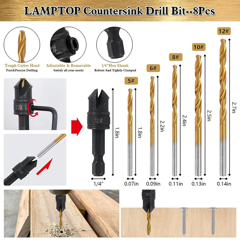 28Piece Woodworking Chamfer Drilling Tools Including Countersink Bit Wood Plug Cutter Drill Bit Set Steel