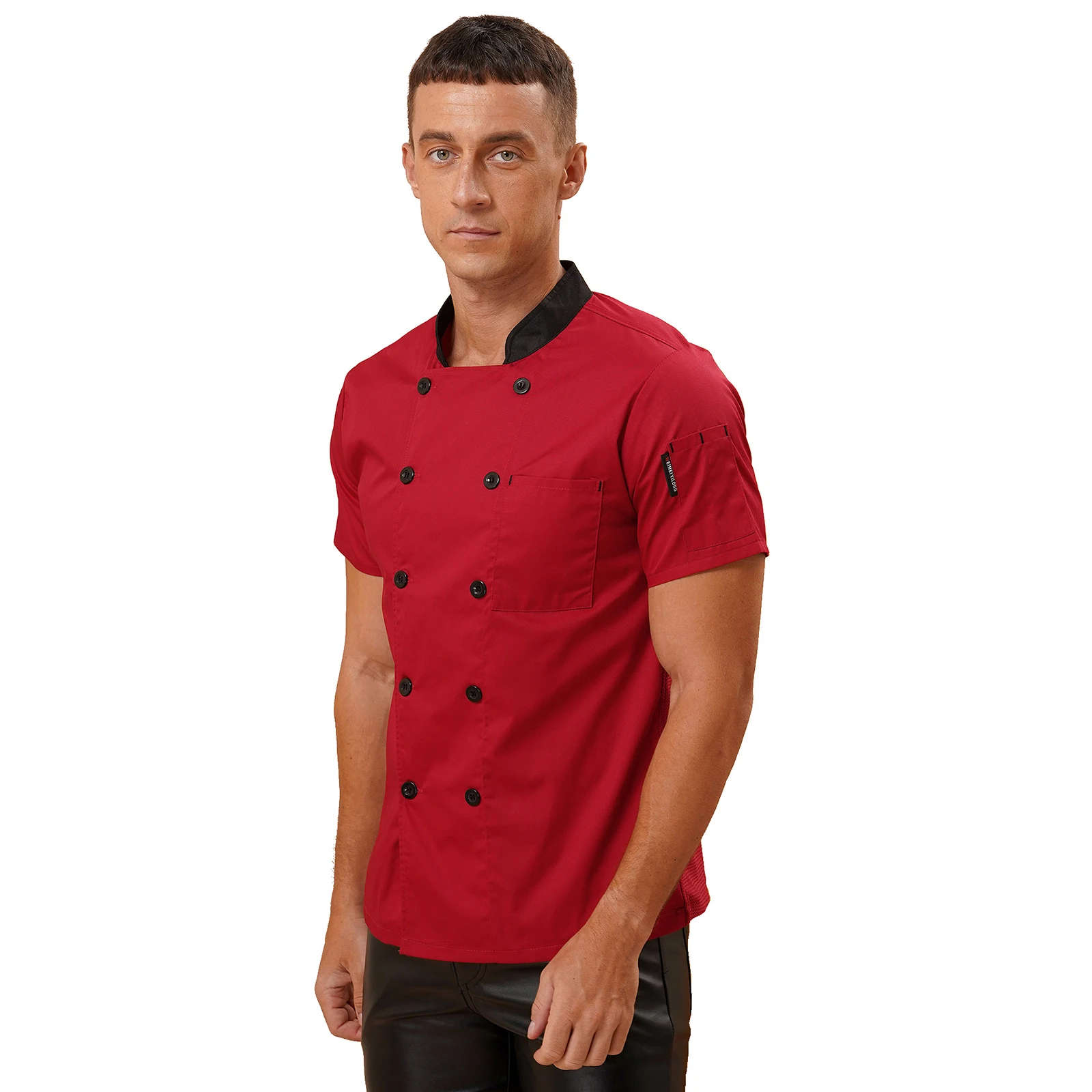 Chaqueta de Chef de manga corta para hombre, camisa de Chef transpirable con cuello levantado, uniforme de cocina de Hotel y restaurante con bolsillos
