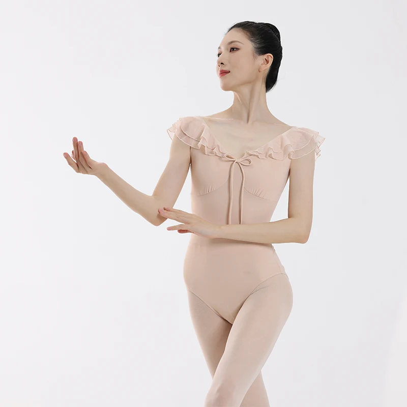 

Women Ballet Leotard Sleeveless Double-Layer Ruffled Neckline High Elastic Training Performance Costume Bow Breathable Dancewear
