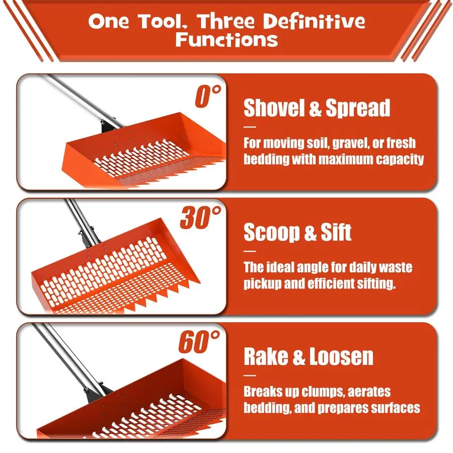 Poop Scooper amp Rake 2in1 12 بوصة رأس مجرفة أمبير 3 زاوية قابلة للتعديل 304 مقبض من الفولاذ المقاوم للصدأ، مغرفة فضلات الدجاج وحظيرة R