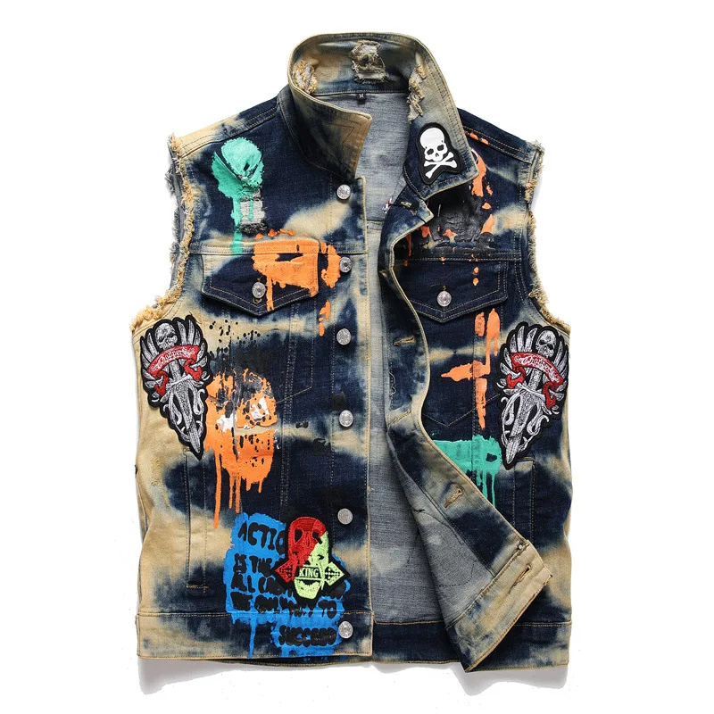 Men's Denim Jacket Sleeveless Vest s New Hot Selling Street Skull Embroidery Patch Graffiti Printing Motorcycle Sleeveles