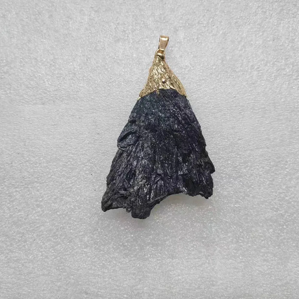 Natural Black Tourmaline Feather Shape Raw Stone Pendant with Gold Cap Wrapped Irregular Mineral Specimen