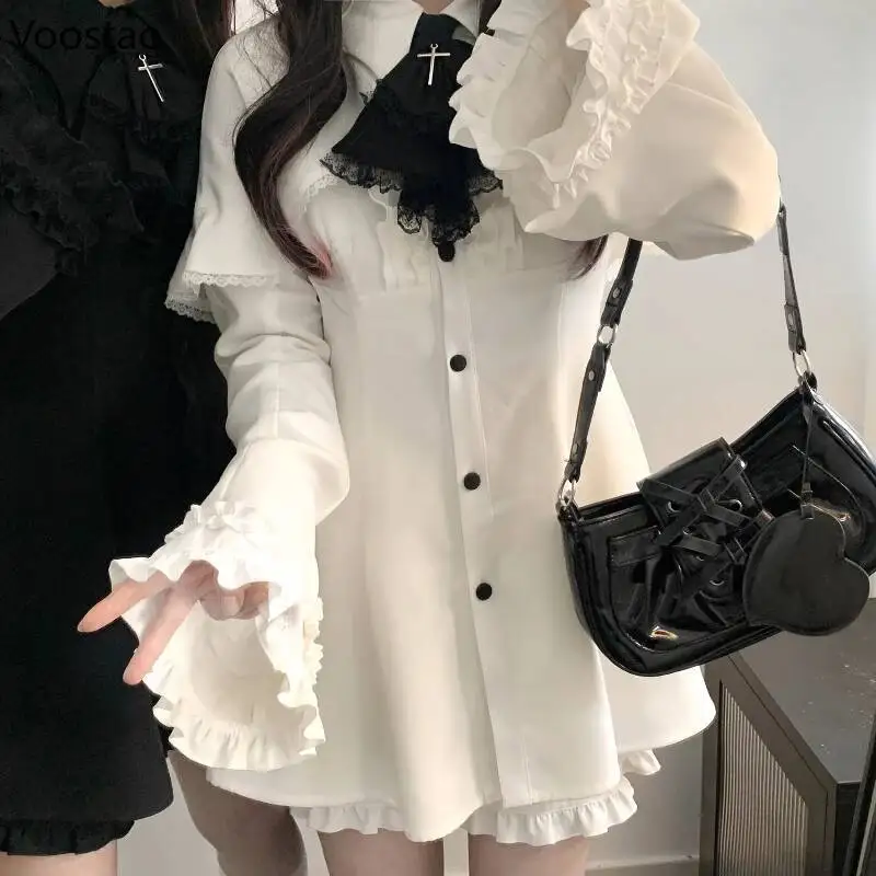 Zestaw: Mini Sukienka Vintage Lolita z Szortami, Damska, Japoński Styl Gotycki Y2k, Rozkloszowane Rękawy, Efekt Dwóch Części, Sukienki na Imprezę, Słodka Sukienka Damska