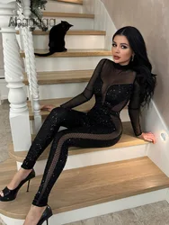 Ahagaga Sexy Mesh Women's Jumpsuits Squined Solid See Through O-Neck Regular Long Sleeves Skinny Slim Causal Streetwear Rompers