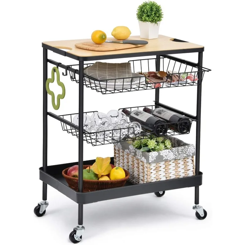 Kitchen Island Serving Cart with Utility Wood Tabletop, 4-Tier Rolling Storage Cart with 2 Basket Drawers, Kitchen Cart