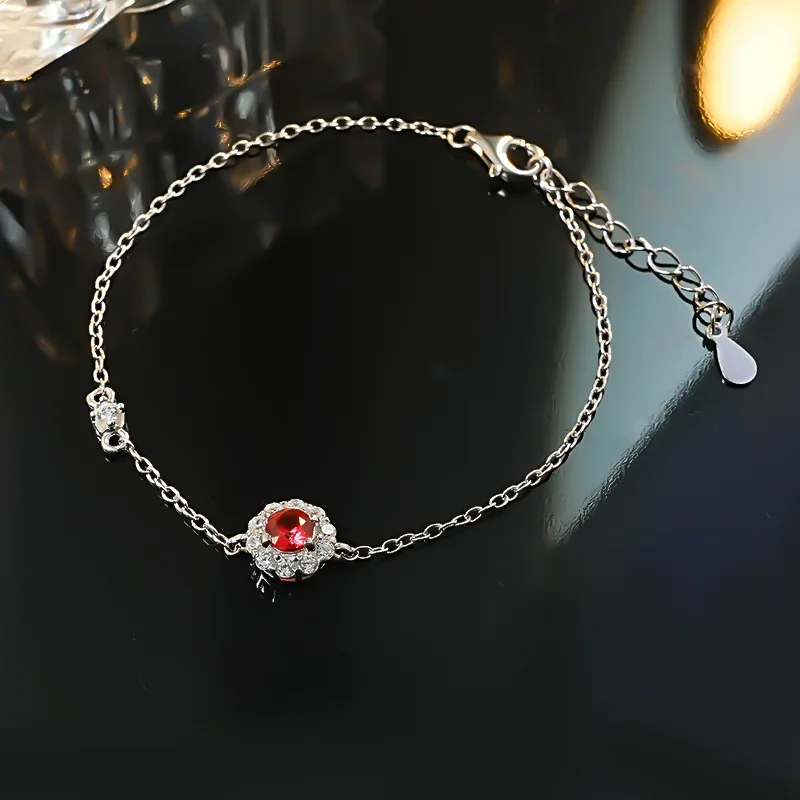 Light luxury flower bud red corundum 925 silver bracelet inlaid with high carbon diamond temperament layered for women