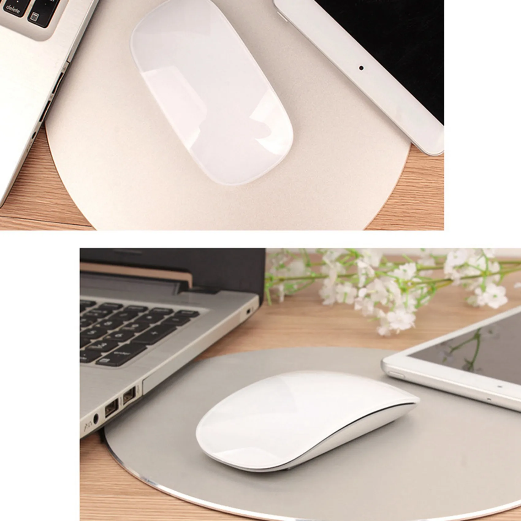 2X Bluetooth Wireless Magic Mouse Silent Rechargeable Computer Mouse Slim Ergonomic PC Mice For (White)