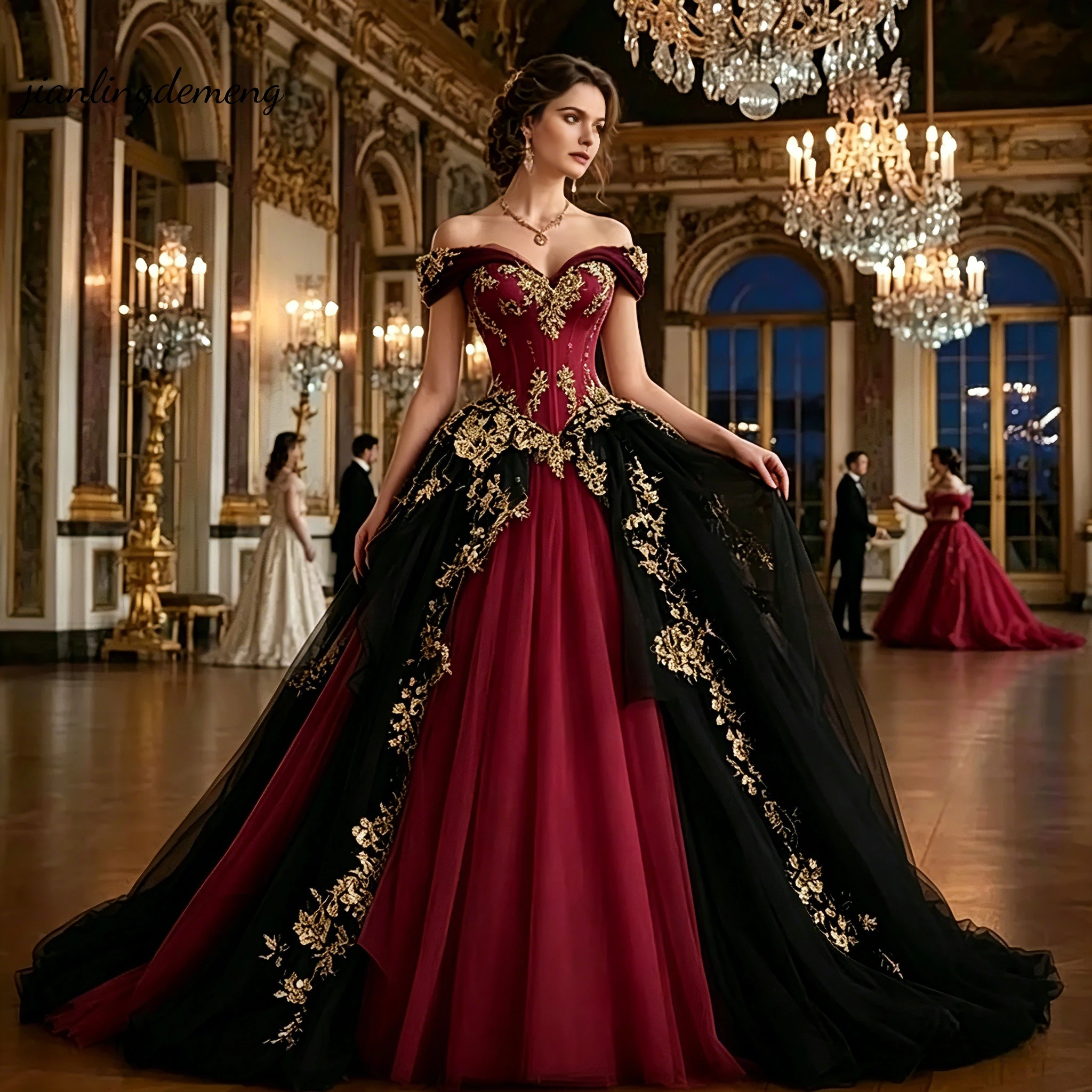 

Красно-черное бальное платье из фатина с открытыми плечами, золотистой кружевной аппликацией, корсетом, в готическом стиле, для свадьбы и торжественных мероприятий, на заказ