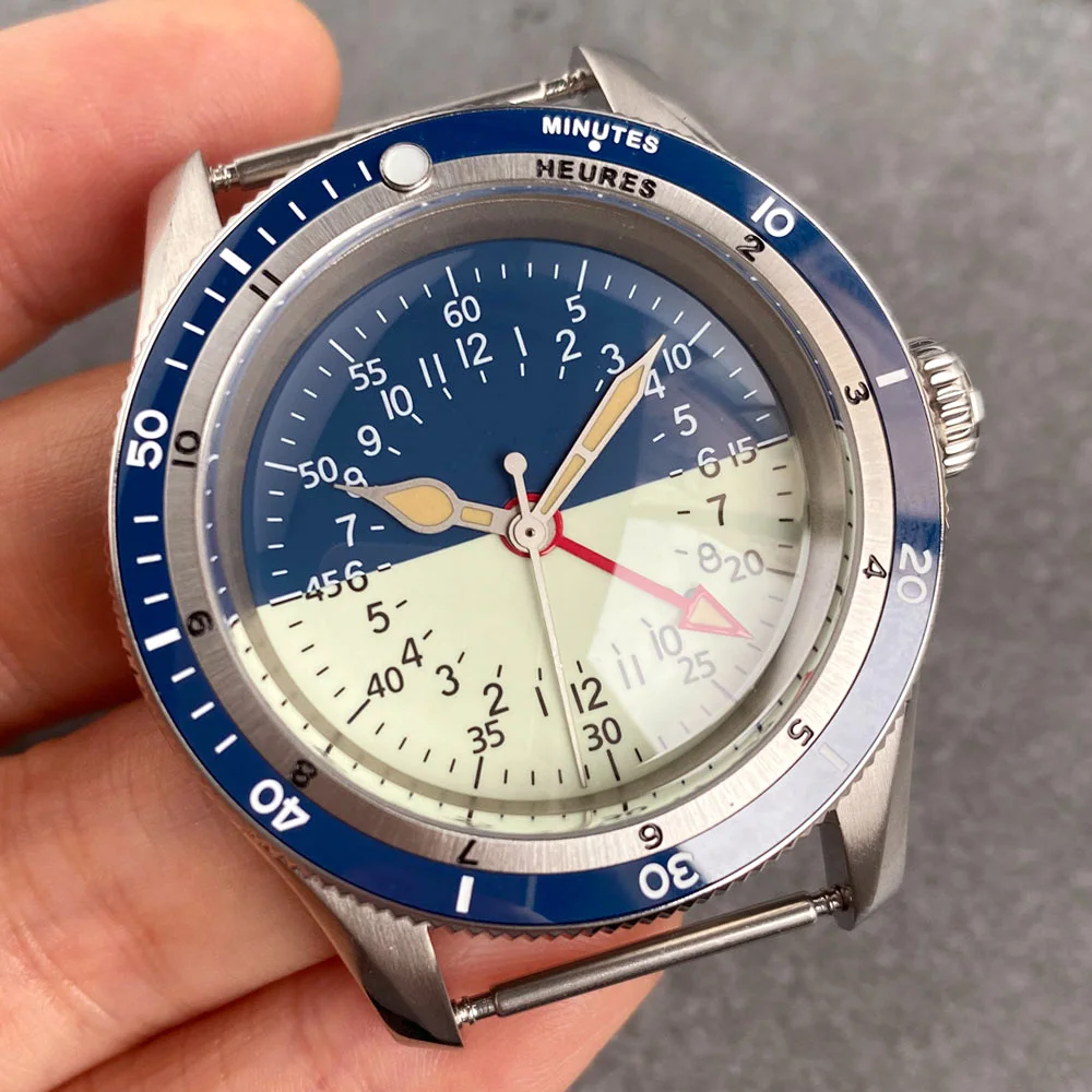 

40mm 20ATM Diver Steel Men's Watch Case Ceramic Bezel Double Bow Sapphire Glass+29mm Two Tone Dial Hands Fit for NH34 Movement