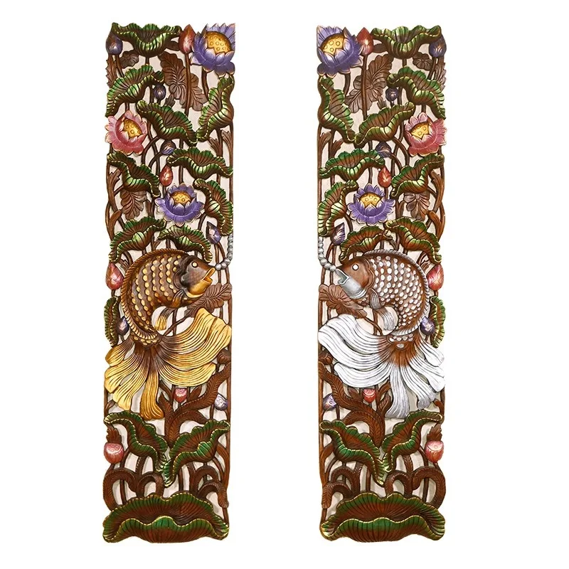 Thai imported teak colorful lucky fish carved panel,  club entrance soft decoration wall  piece wall-mounted