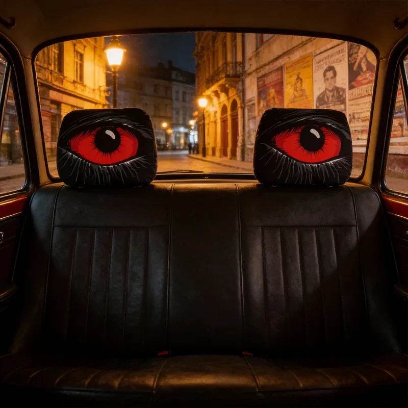 Dark Crimson One-Eye Headrest Cover, Striking Reversible Design, Edgy Car Fashion Accessory