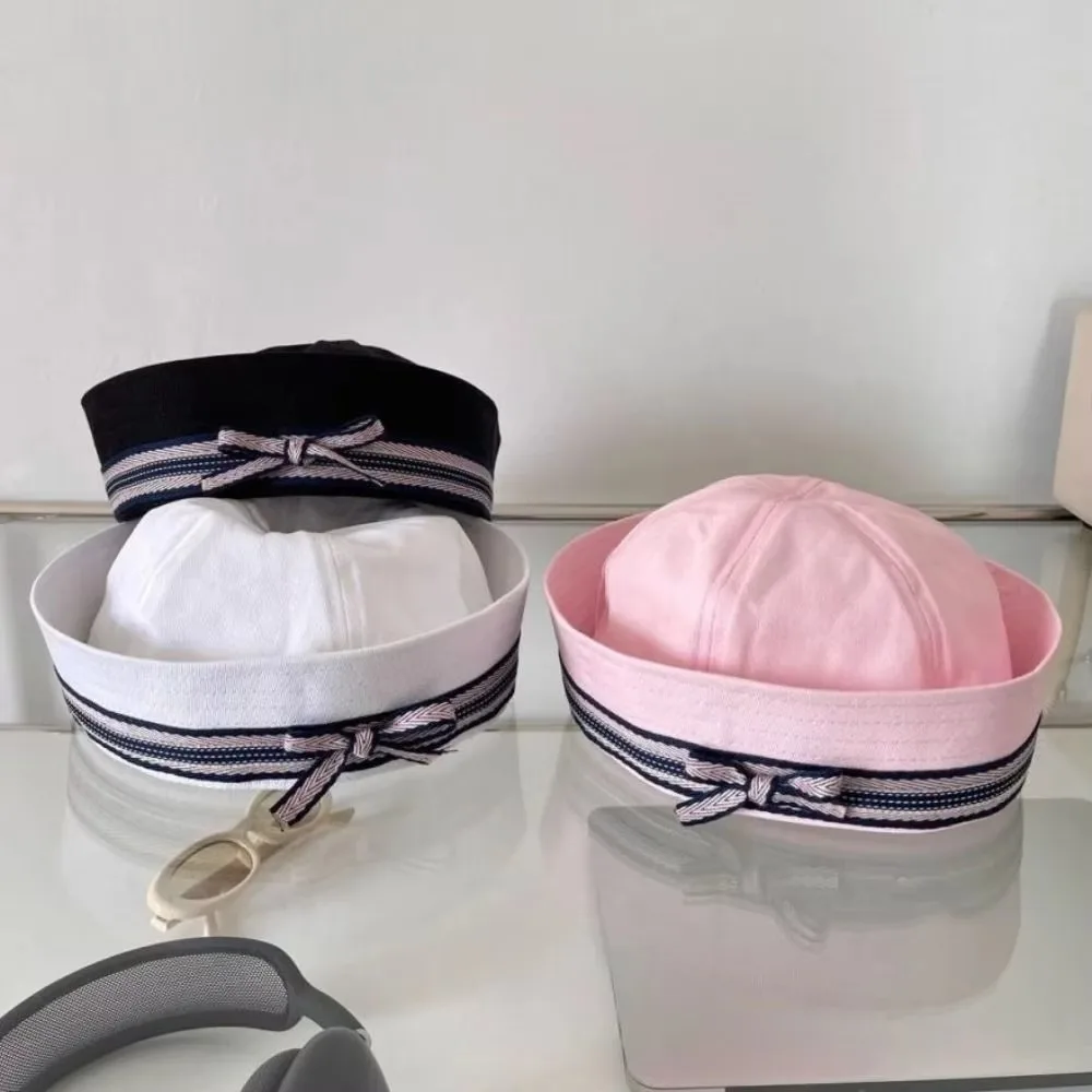 Y2k Cute White Navy Marine Captain Cap Flip Brim Dome Bow Navy Hat Spring Summer Berets Spice Girl
