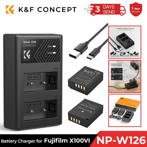 K&F Concept 1300mAh NP-W126 NP-W126S Fujifilm X100VI X100V XS10 XT30 XT30 II XT20 카메라 비디오 배터리용 배터리 및 충전기