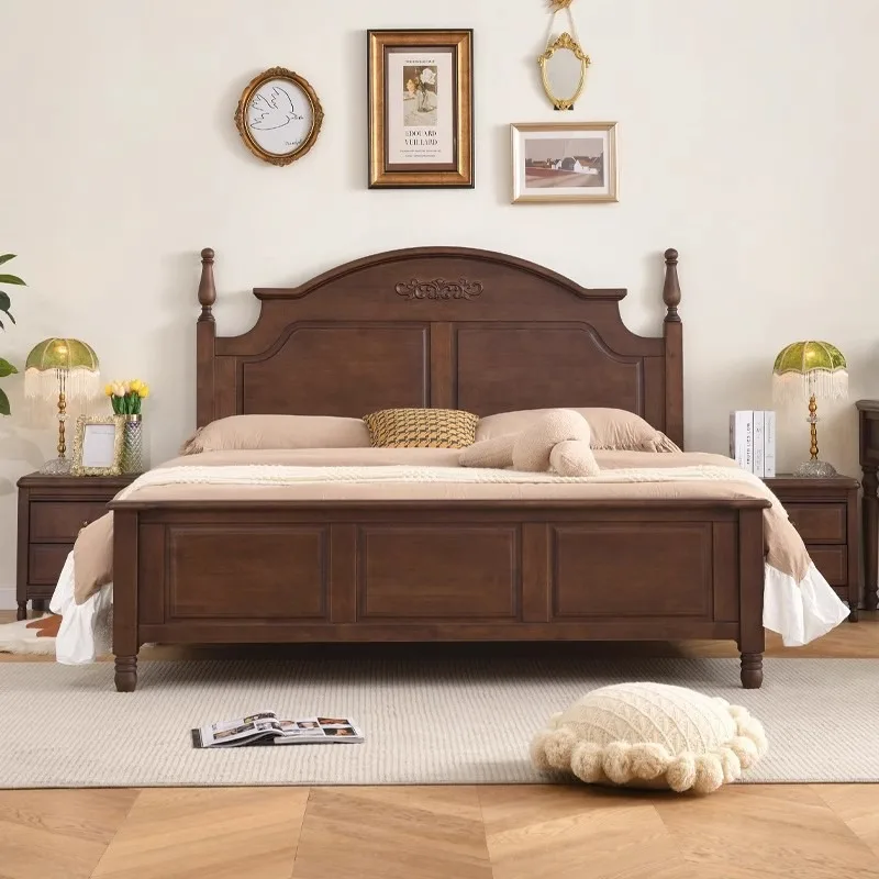 American rural solid wood double bed modern simple master bedroom wedding bed light luxury high box storage rubber wood
