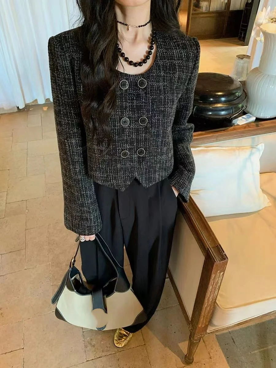 

Women Fashionable Retro Round Collar Short Tweed Jacket New Clothing Autumn Short Coat
