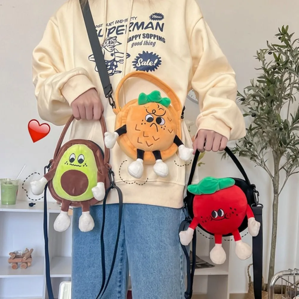 

Casual Strawberry Kawaii Fruit Bag Cartoon Mini Orange Shoulder Bag Creative Cute Plush Avocado Bag Girls