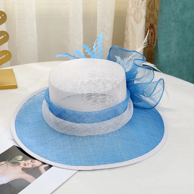 Double hemp yarn pattern design feather accessories big brim sun hat elegant banquet hat wedding beach vacation equestrian hat