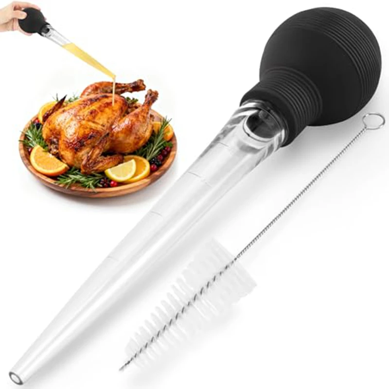 Bomba de pavo de paja para el hogar, herramienta de barbacoa con aguja de pavo, tubo de condimentos de aceite por goteo con juego de cepillos de limpieza, bomba de condimentos para cocinar