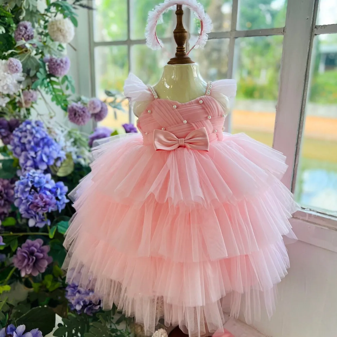 

Pink Flower Girl Dresses Tiers Tulle Puffy Little Girl Wedding Party Gown Vintage Child Pageant First Birthday Dress