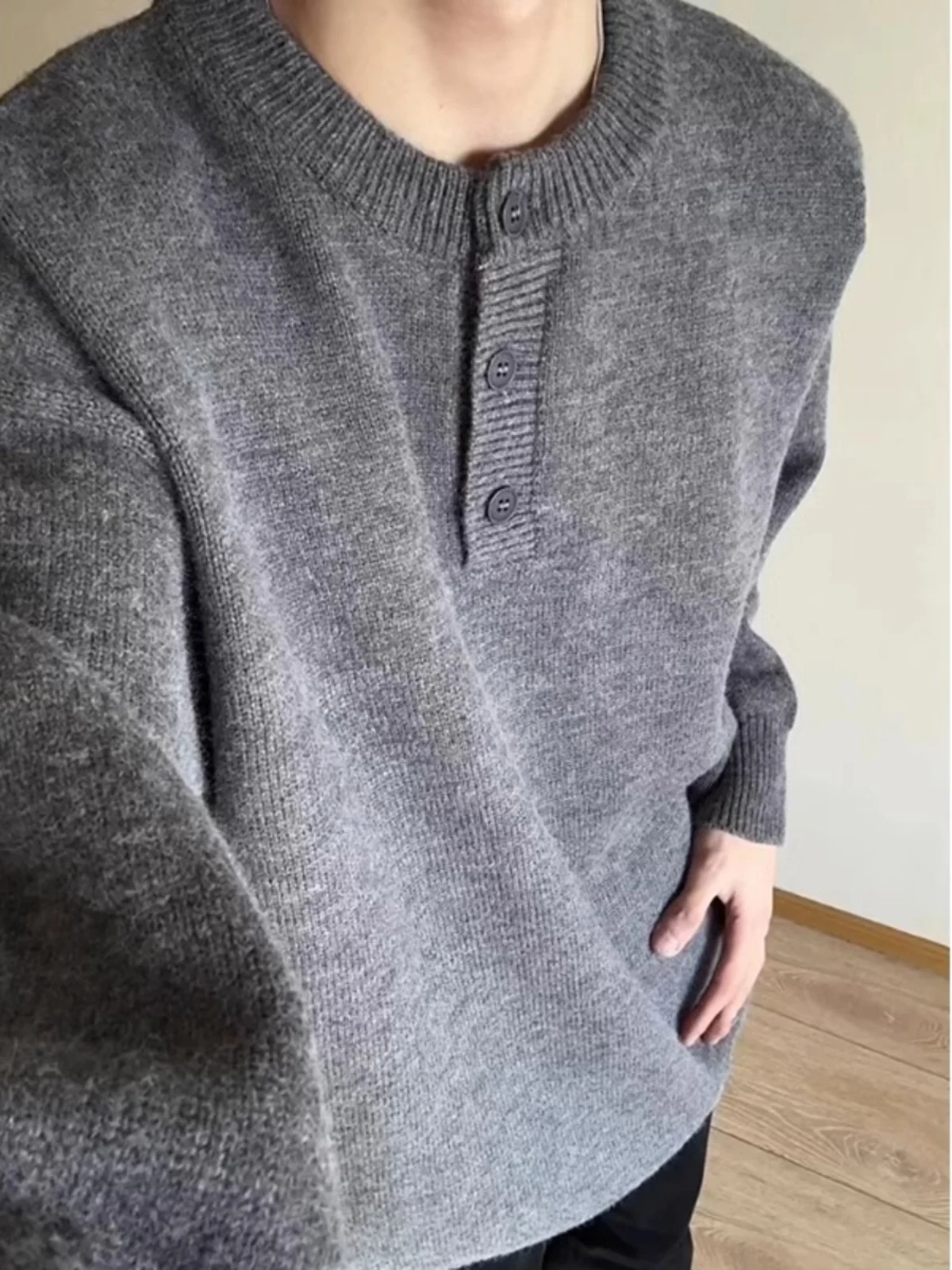 

Retro Japanese Sle Men's Knitted Sweater Winter ey Casual Loose Fit Button up Henry Collar Top Faionable Youthwear