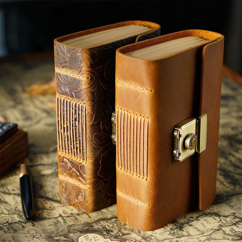Journal de mot de passe en cuir de vachette véritable, couverture optique, carnet de notes, serrure en métal, permis, fait à la main, cahiers rétro,