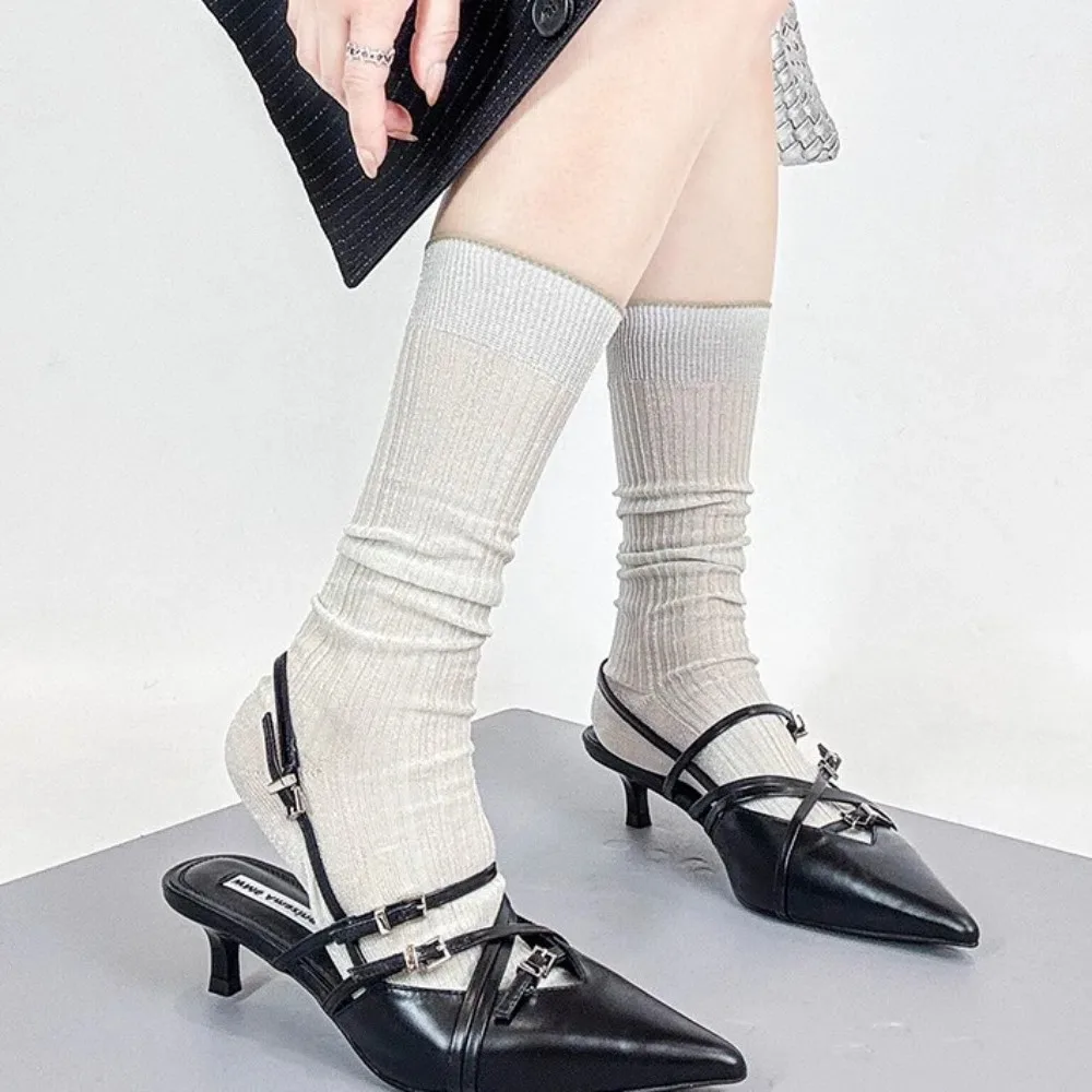 

Fashionable Lolita JK Calf Socks Solid Color Breathable Ice Silk Long Socks Japanese Style Y2K Ins Mid-tube Stocking Sweet Girls
