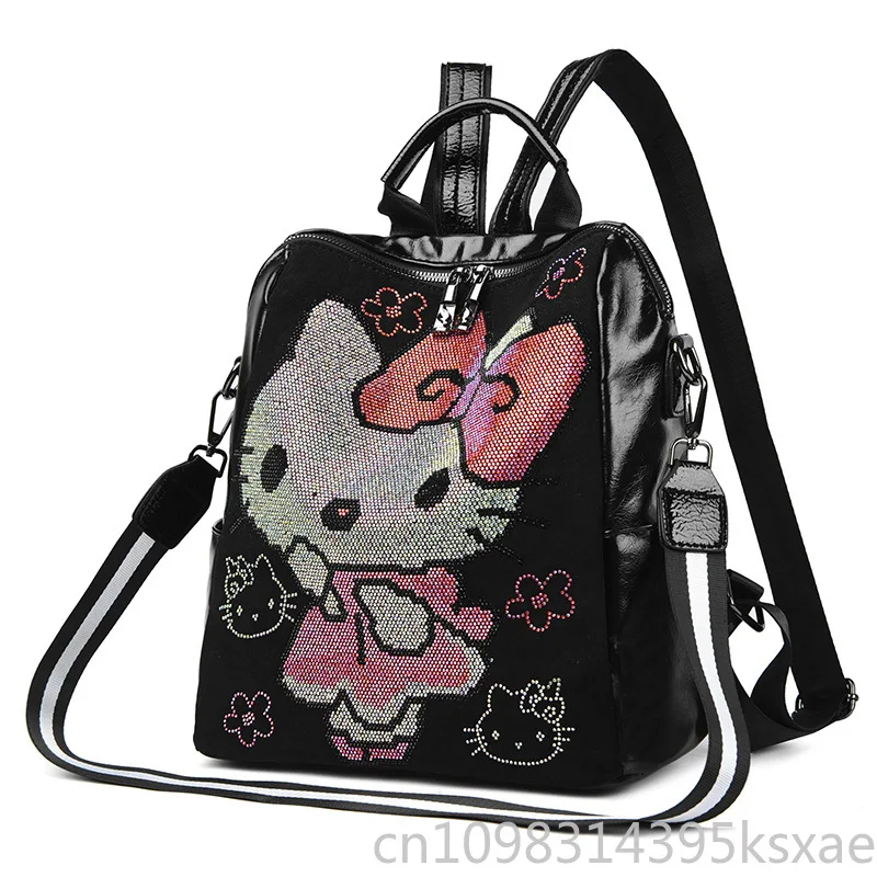 Sanrio Backpack for Women Girl Cute Large Capacity School Bag Portable Luxury Designer PU Leather Bag Studded with Diamonds