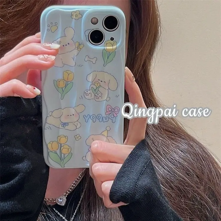 Cute Yellow Tulip Phone Cases for IPhone 11 12 13 14 Pro Max for IPhone Korean Vintage Blue Phone Case White Puppy Pink Bow Gift