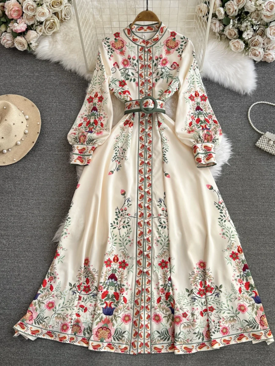 Vintage Court Sle Long Sve Stand Collar Slimming Single Button A-Line Print Maxi Dr Autumn Faion Women's Clothing