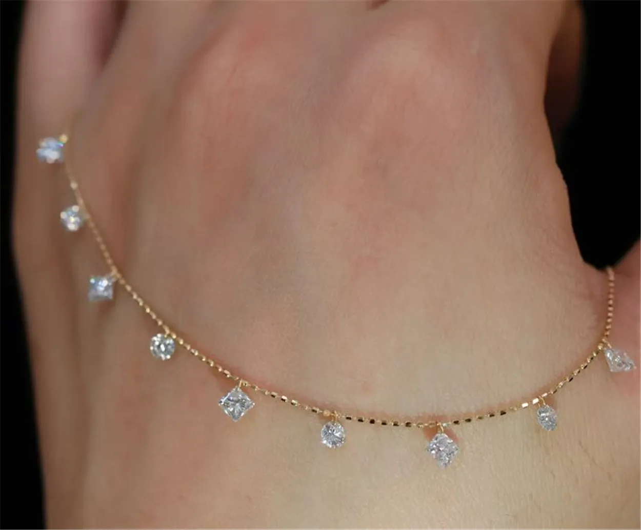 18K gold lab-grown diamond necklace, water droplet and round with drilled holes and clawless setting, custom-designed jewelry view 4