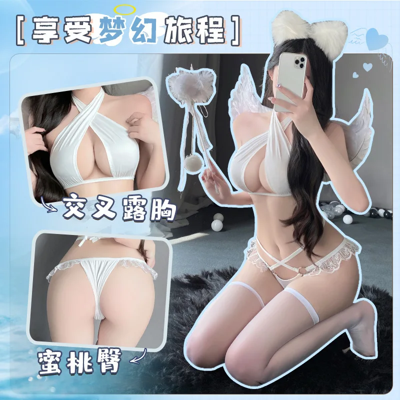 Japanese Cute Woman Lingerie Cross Lacing Three-point Underwear Hollow Out Bra and Panties Halter Neck Cute Fashion Temptation - Image 2