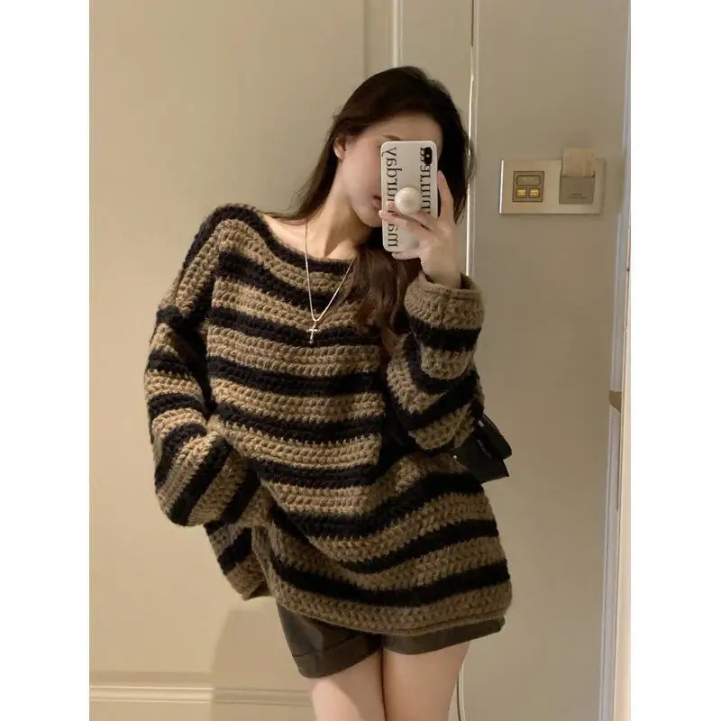 امرأة المتضخم سترة الخريف الشتاء الدفء القمم جديد رشاقته قارب الرقبة تريكو كسول الرجعية فضفاض موضة سويتر مقلم #2