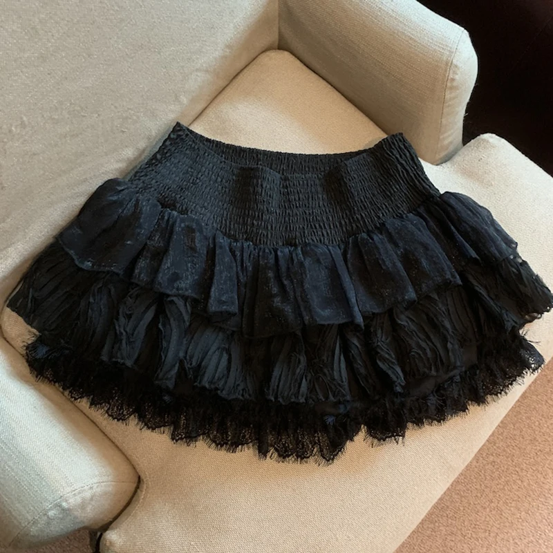 Y2K Lace Mini Skirt Women Harajuku Gothic Black Mesh Ruffles Ball Gown Skirts Summer Gyaru Grunge Korean Design A Line Faldas