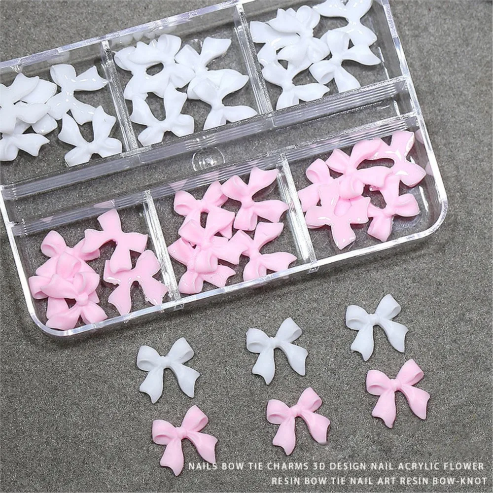 30Pcs/box 3D White & Pink Bows Nail Art Charms 6gird Cute Bowknots Ribbon Nail Rhinestones Resin Bowtie Manicure Decoration #R5!