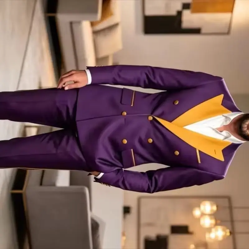 Men's 2-Piece Double Breasted Purple Suit with Yellow Contrast Lapel Slim Fit Formal Blazer And Pants Set for Wedding Prom Party
