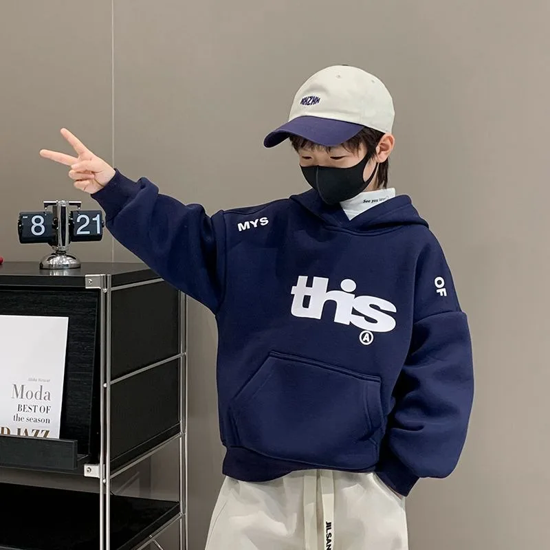 

Осенне-зимняя толстовка с капюшоном среднего и большого размера для мальчиков на флисовой подкладке, утепленная толстовка с капюшоном — детский базовый слой верх