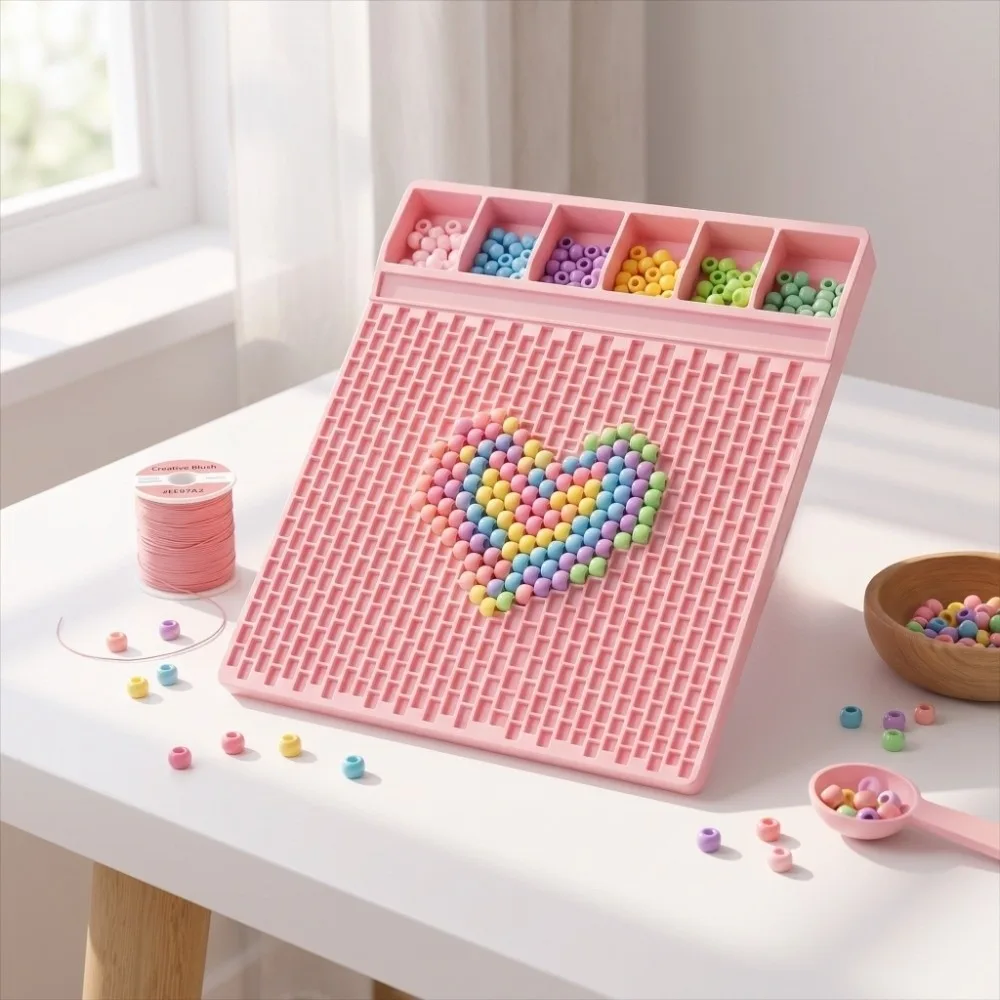 DIY Pony Beads Fast Stringing Tray Large Capacity Multi-Compartment Bead Bracelet Board Portable Pink Pony Bead Planning Tray