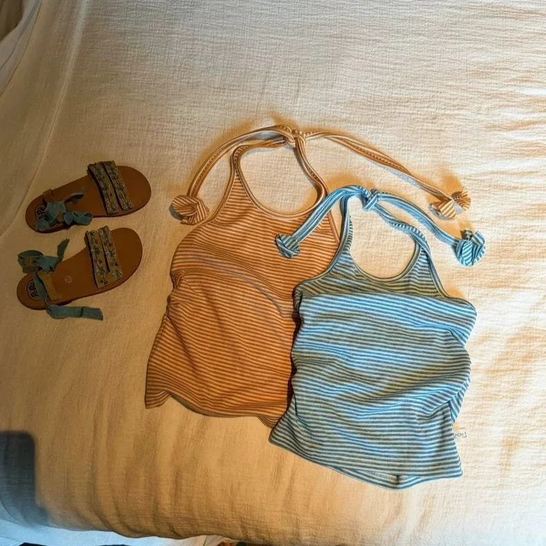 Korean Girls Summer Beach Style Striped Camisole Childrens Vacation Style U Neck Outerwear Vest